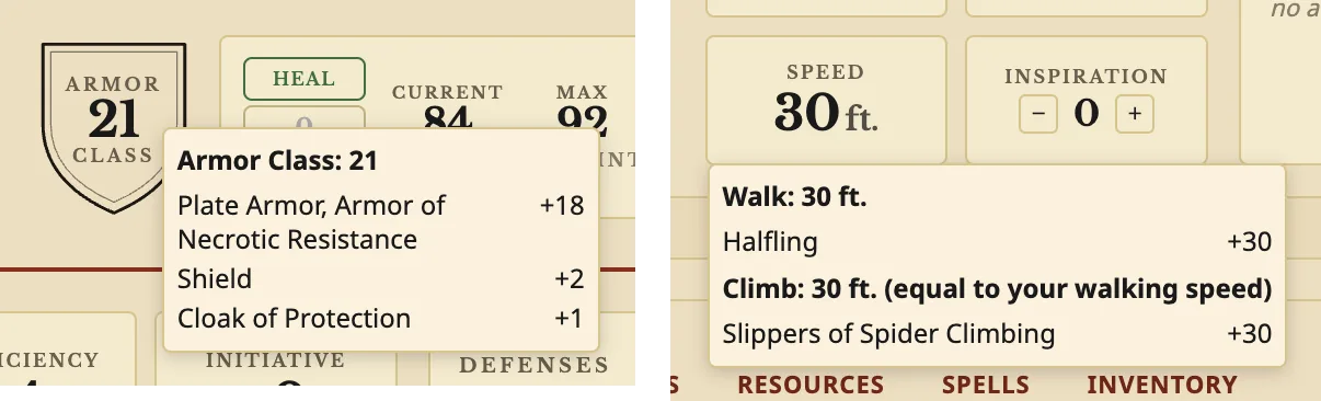 Hovering Armor Class and Speed shows what adds up to each: plate armor, a shield and a cloak for AC 21