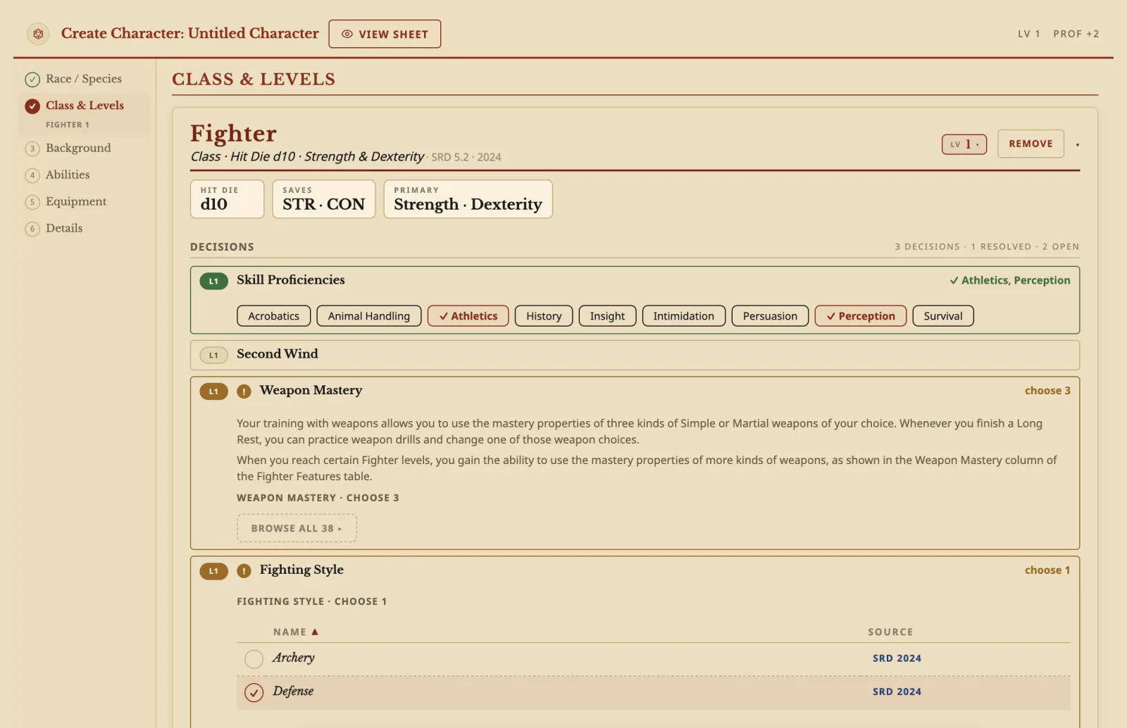The Builder's Class and Levels step for a Fighter, listing skill proficiencies, Weapon Mastery and Fighting Style choices
