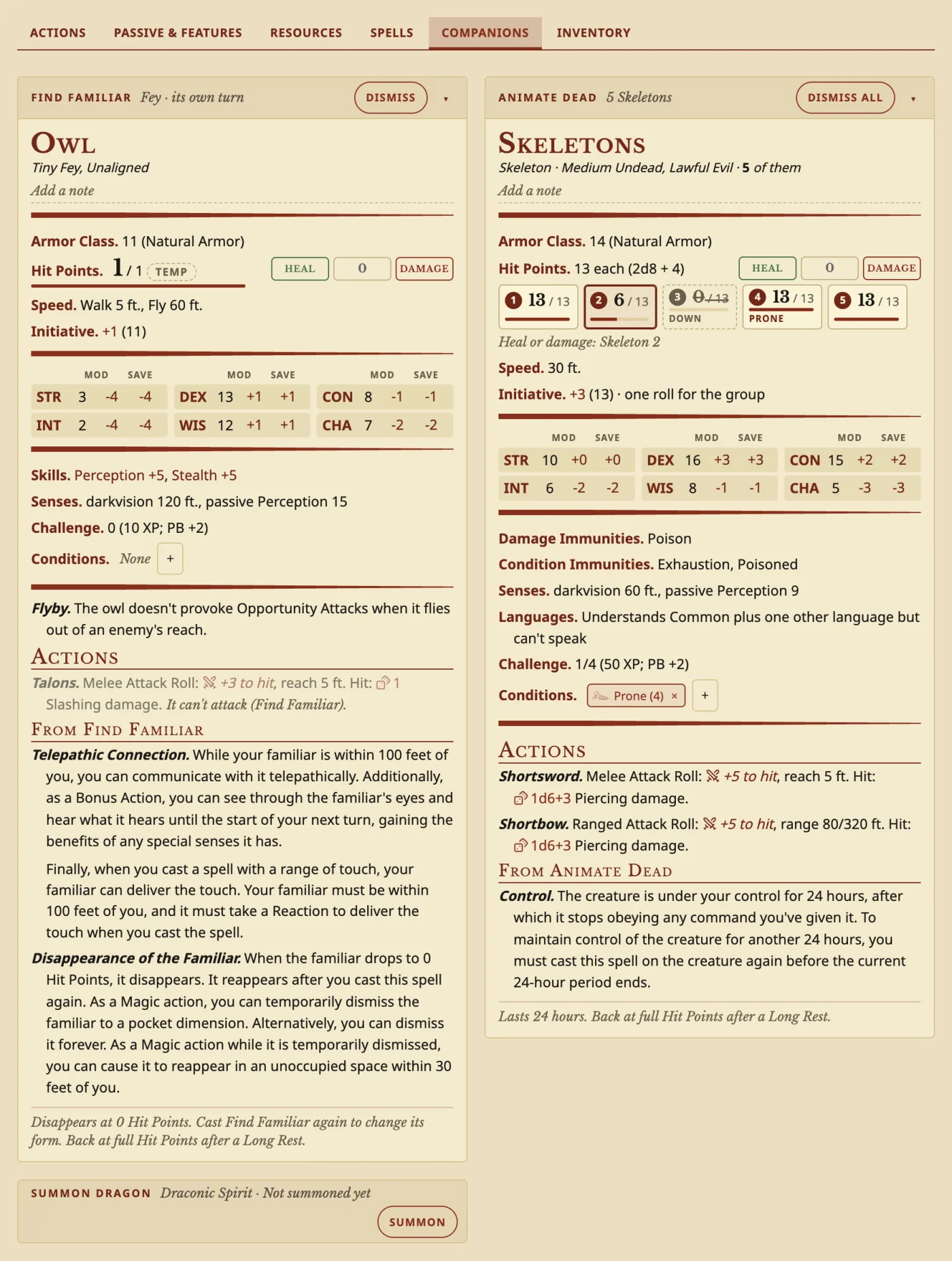 The Companions tab with an owl familiar and five skeletons from Animate Dead, each with stat blocks, hit points and conditions