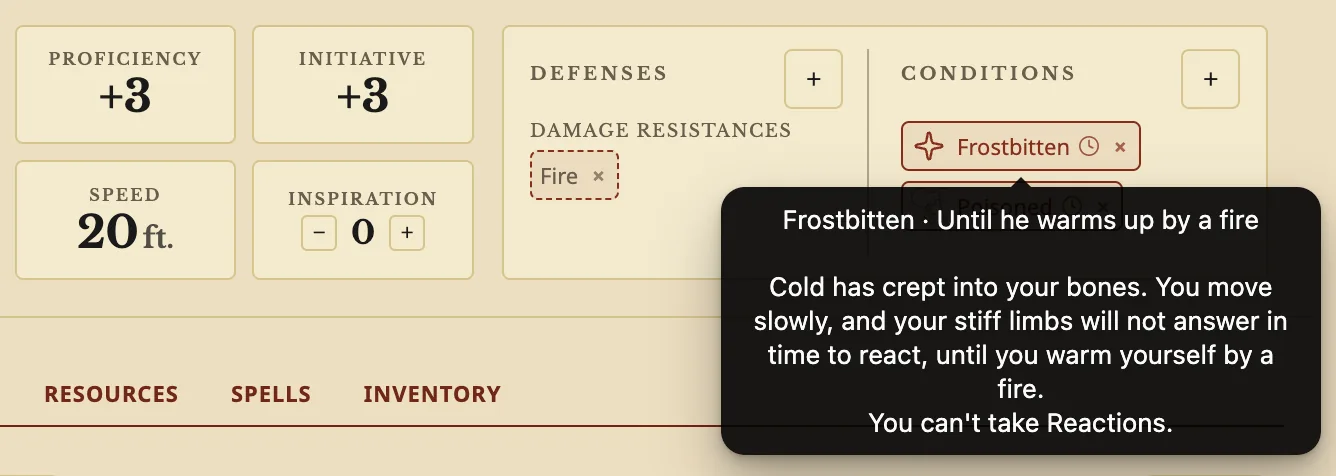 A homemade Frostbitten condition on the sheet, with its description in a tooltip