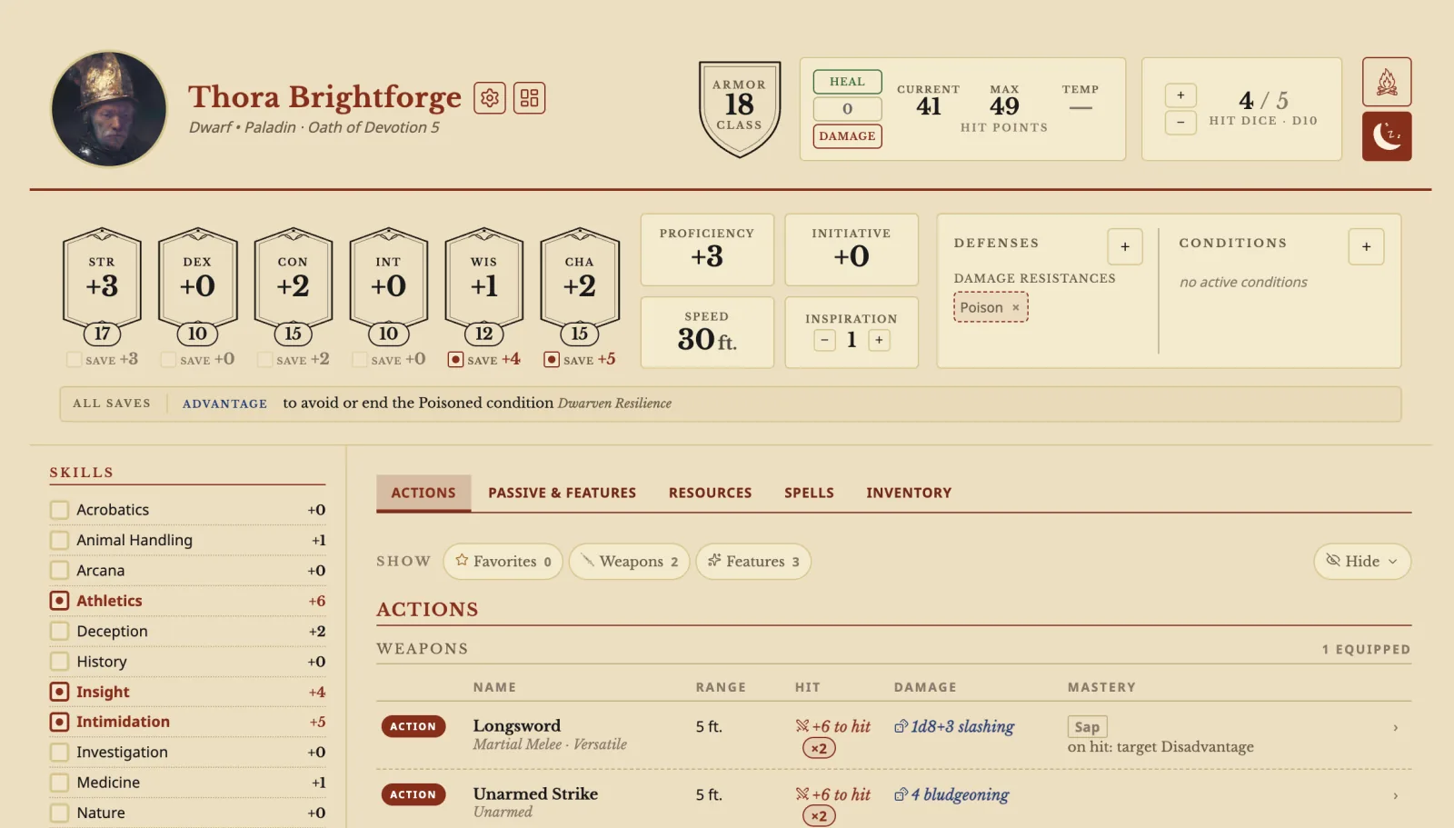 Thora Brightforge's sheet with her hit points, Hit Dice, Heal and Damage buttons and the rest buttons