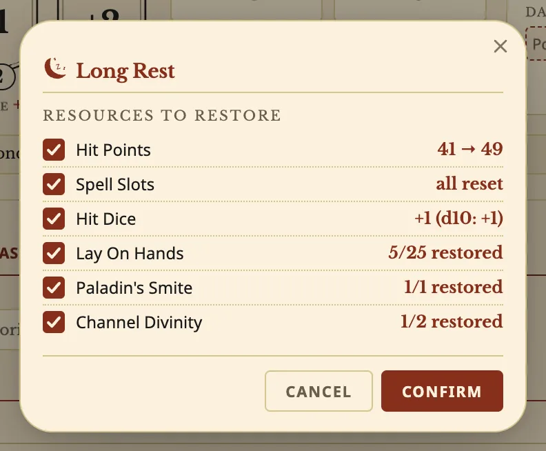 The Long Rest window listing what comes back: hit points 41 to 49, spell slots, a Hit Die, Lay on Hands and Channel Divinity