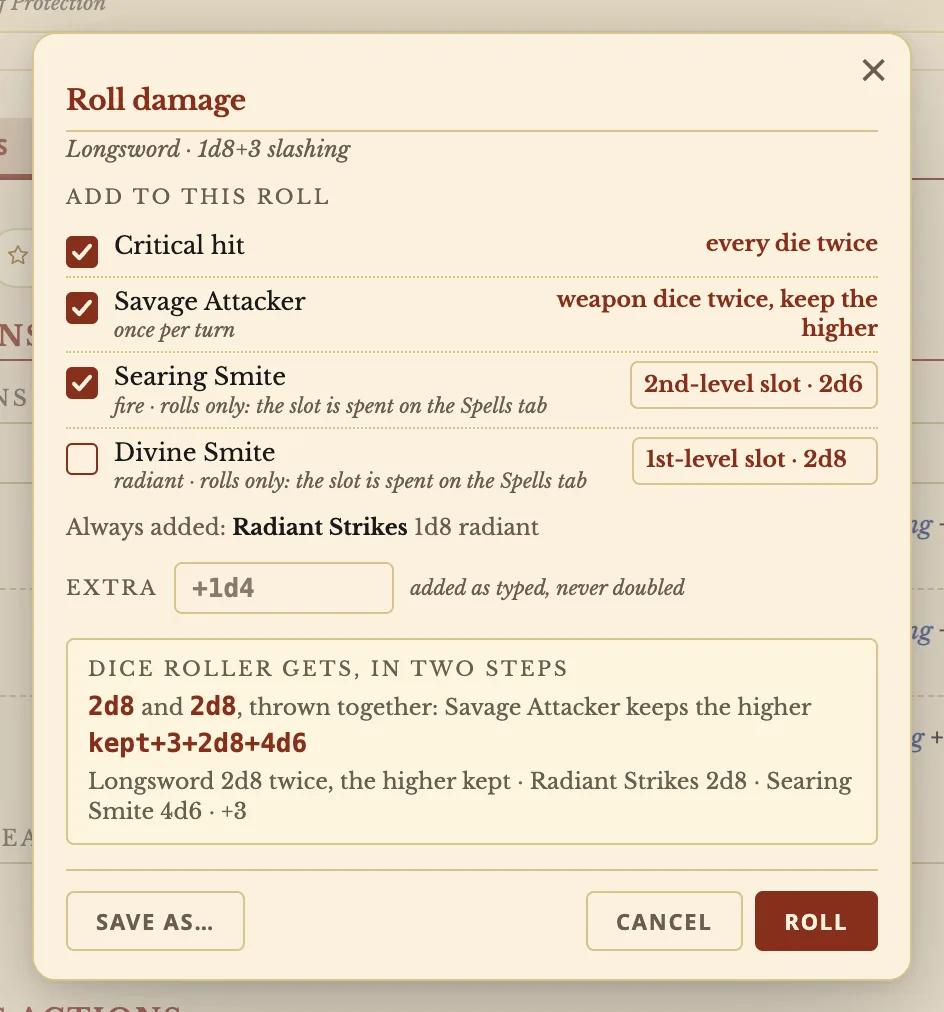 The Roll damage window for a longsword hit, with Critical hit, Savage Attacker and Searing Smite at 2nd level ticked