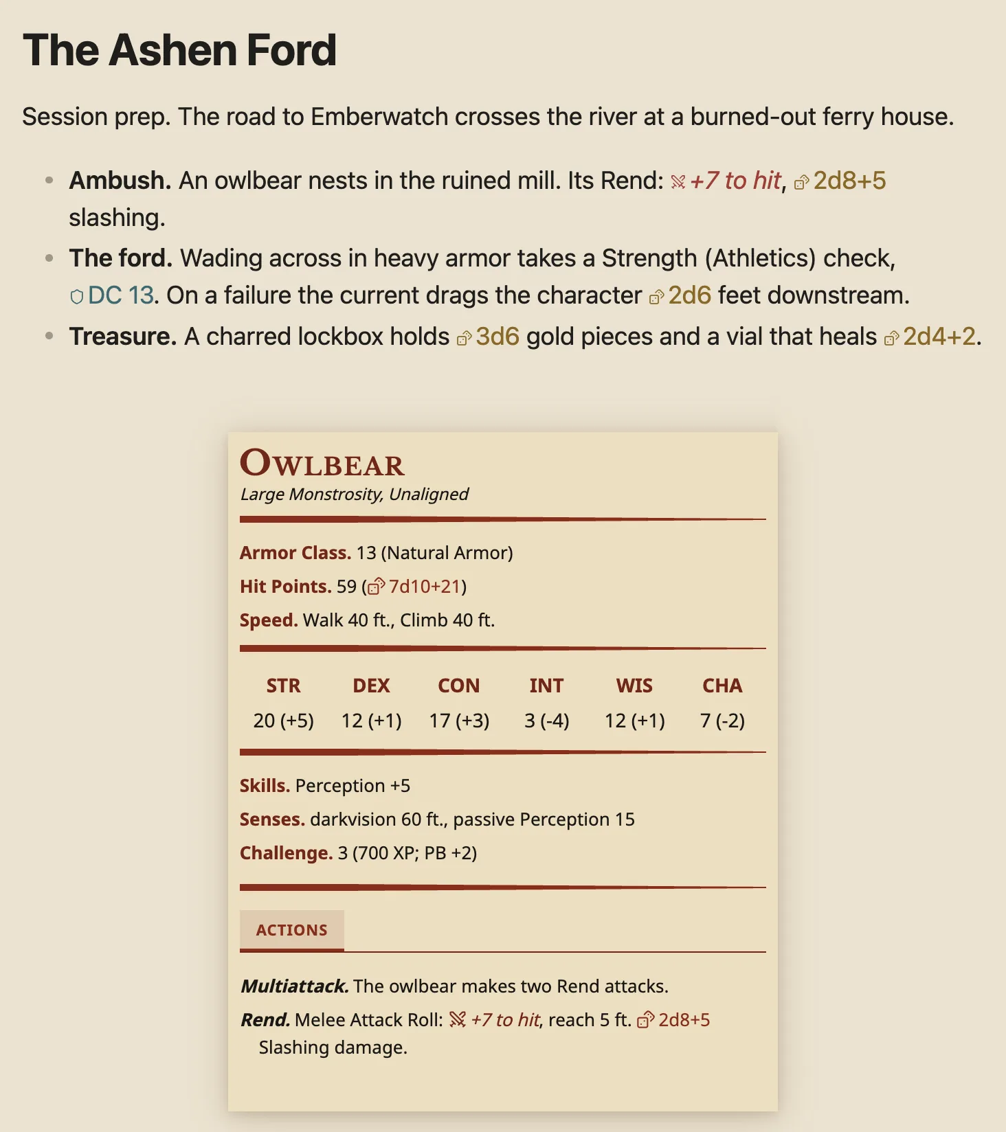 A DM's session note with clickable DC and dice tags and an Owlbear stat block pulled in from the SRD