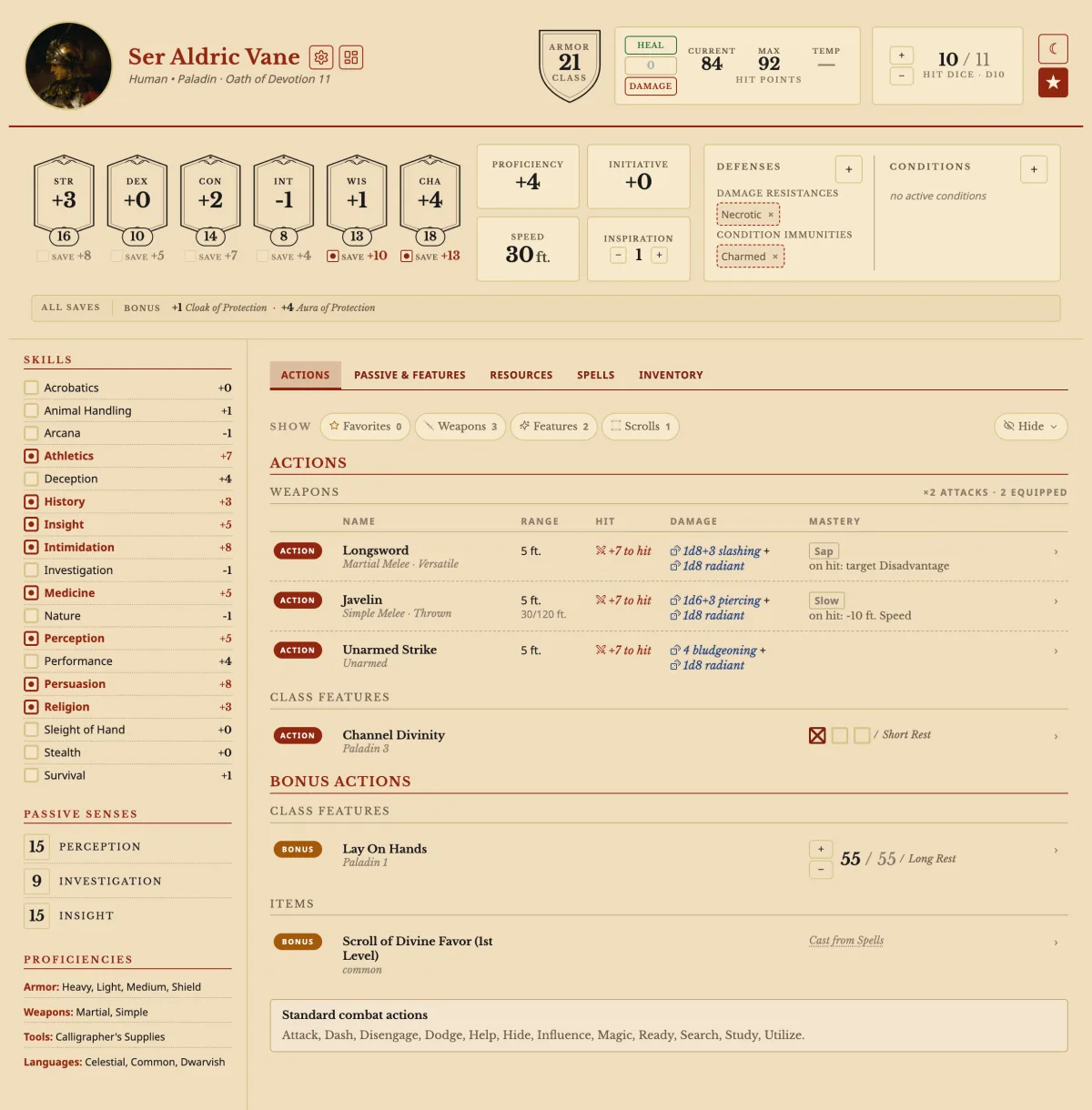 The character sheet of a level 11 Paladin, with every number worked out from gear, species, class and feats