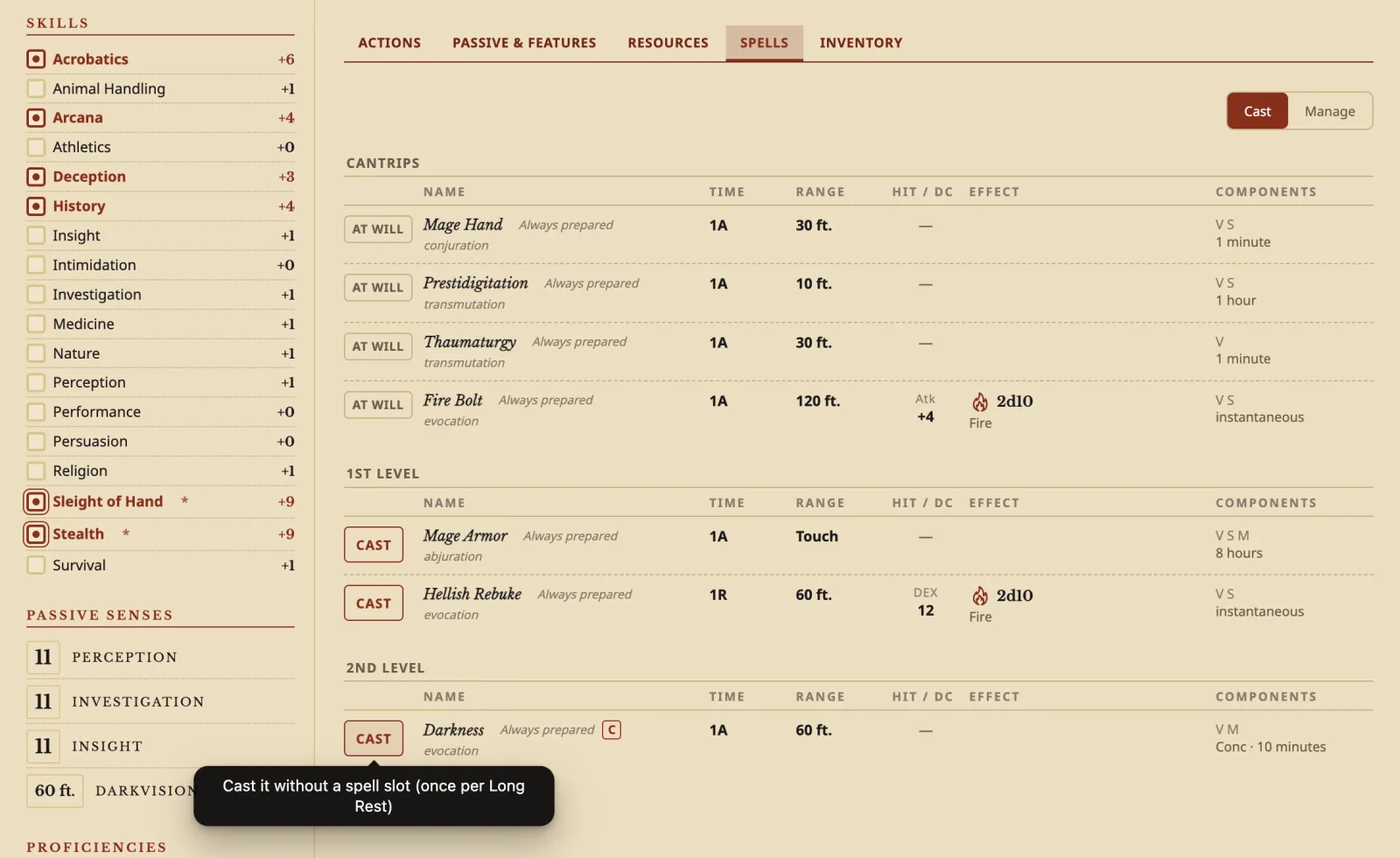 The Spells tab with spell slots, cantrips and prepared spells, each with its range, attack or save and damage