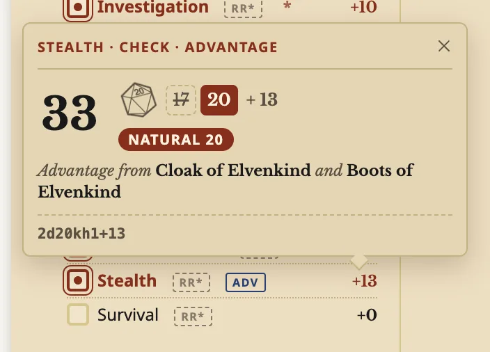 A Stealth check rolled with advantage for 33, naming Cloak of Elvenkind and Boots of Elvenkind as the source