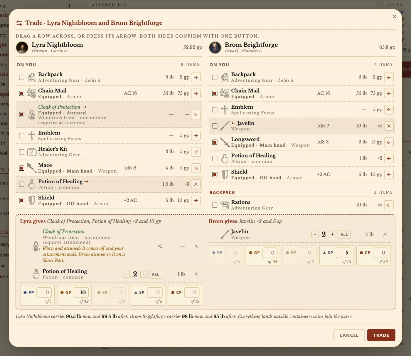 The Trade window moving items and coins between Lyra Nightbloom and Brom Brightforge