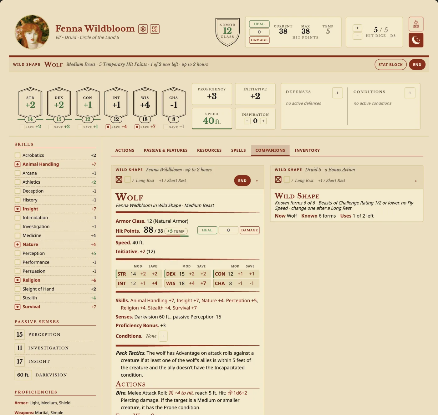 Fenna Wildbloom, a Druid, in Wolf form, with the beast's numbers on her sheet